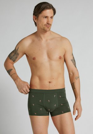 Hemdloser Mann mit heller Haut und Tattoos, der grüne Boxershorts mit kleinen pinkfarbenen Flamingos vor neutralem Hintergrund trägt.