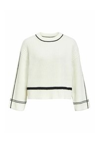 Hvid ribbet sweater med sorte vandrette striber. Har en rund halsudskæring og brede ærmer. Fremstillet af tekstureret strikkemateriale.