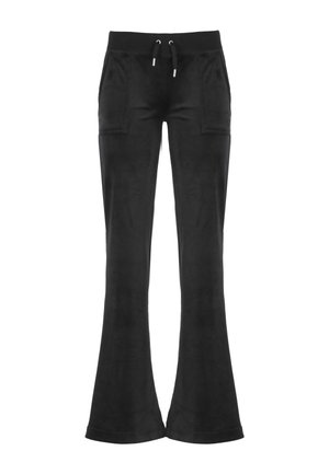 Pantaloni neri a palazzo realizzati in tessuto morbido, con una vita con coulisse, due tasche frontali e una texture liscia.