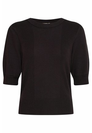 Černý pletený top s kulatým výstřihem, ribbovanou strukturou a krátkými rukávy s nařasením. Obdélníkový panelový design zvýrazňuje siluetu.