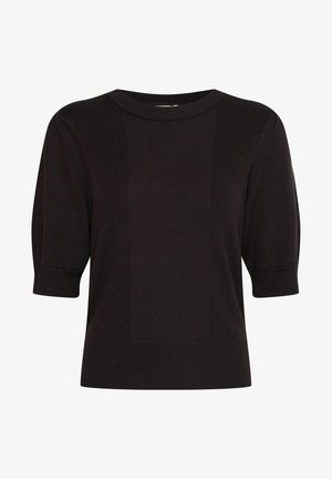 Fekete kötött felső, kerek nyakkivágással, bordázott textúrával és fodros részletekkel ellátott rövid ujjakkal. A téglalap alakú panel dizájn kiemeli az alakot.