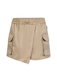 Shorts beige, leggeri, con vita elastica, cordino e due tasche cargo laterali. Texture liscia, design versatile.
