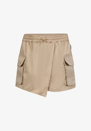 Beige, lichtgewicht shorts met een elastische tailleband, trekkoord en twee zijzakken. Soepele textuur, veelzijdig ontwerp.