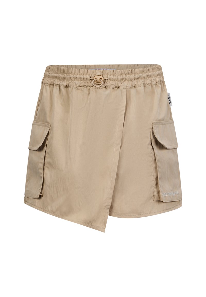 Shorts beige, leggeri, con vita elastica, cordino e due tasche cargo laterali. Texture liscia, design versatile.