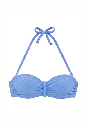 Getextureerde lichtblauwe bikinibovenstuk met een halternekstrik en een centraal geplooid banddetail.