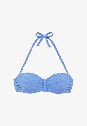 Getextureerde lichtblauwe bikinibovenstuk met een halternekstrik en een centraal geplooid banddetail.