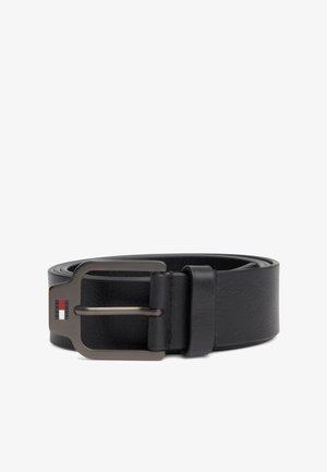 Black leather belt rolled with matte metal buckle featuring red, white, and blue rectangular logo on the left side of the buckle.
