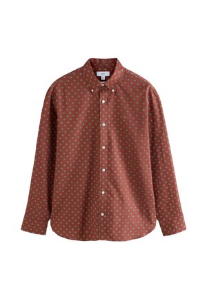 Long-sleeve button-up shirt in rust color with a small geometric pattern and a button-down collar.