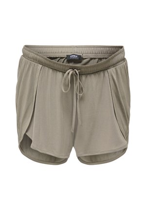 Hellbraune Umstands-Shorts mit elastischem Bund, Kordelzug, seitlichen Taschen und leicht geschwungenem Saum.