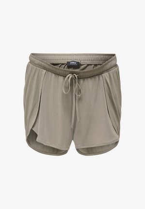 Short de maternité marron clair avec ceinture élastique, lien à nouer, poches latérales et ourlet légèrement arrondi.