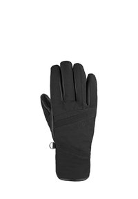 Schwarze Handschuhe mit einem eleganten Design, einer strukturierten Oberfläche, mehrschichtigen Nähdetails und einer Metallöse zur Befestigung.