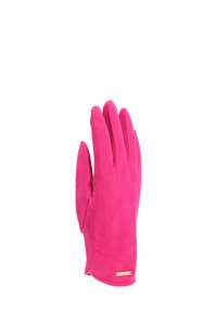 Guanto in suede rosa acceso con un piccolo etichetta dorata sul polso, esposto in posizione verticale su uno sfondo bianco.