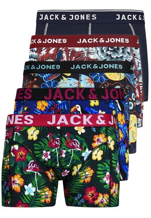 Cinq paires de boxer hommes de différentes couleurs et motifs, avec des imprimés floraux, des designs tropicaux et des ceintures élastiques marquées "JACK & JONES."
