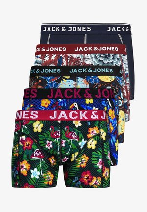 Fünf Paar Herren-Boxershorts in verschiedenen Farben und Mustern, darunter Blumenmuster, tropische Designs und elastische Taillenbänder mit dem Aufdruck "JACK & JONES."