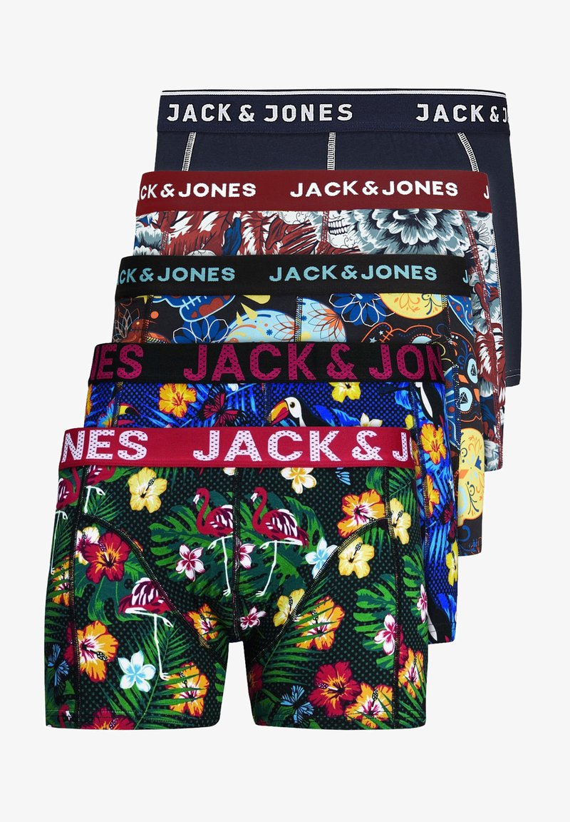 Cinq paires de boxer hommes de différentes couleurs et motifs, avec des imprimés floraux, des designs tropicaux et des ceintures élastiques marquées "JACK & JONES."