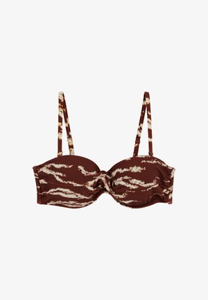Top de bikini tip bandeau cu model maro și alb, cu bretele reglabile și detaliu cu nod răsucit în față.