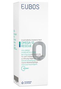 EUBOS Omega-12 Rescue lotion box features a white background with blue and green text. Notable details include a silver accent and logo.