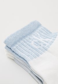 Calzini in misto cotone con una base bianca e risvolti azzurri chiari, arricchiti da dettagli con logo. Texture morbida, impilati con un focus sul design dei risvolti.