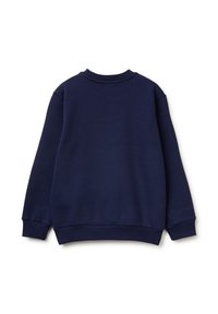 Felpa blu navy con maniche lunghe, collo e polsini a costine, caratterizzata da una texture liscia e un design semplice. Nessun logo o motivo visibile.