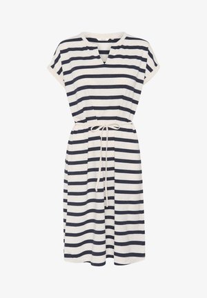 Striped dress in cream and navy. Casual design with a v-neck, short rolled sleeves, and a drawstring waist for adjustment. Soft cotton texture.