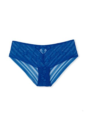 Braguitas de encaje azul con patrones florales y textura a rayas, que presentan un diseño de altura media y bordes ondulados para un detalle adicional.