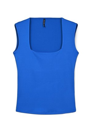 Haut sans manches bleu avec un décolleté carré, fabriqué en tissu lisse. Présente un design ajusté offrant une couverture complète du torse.