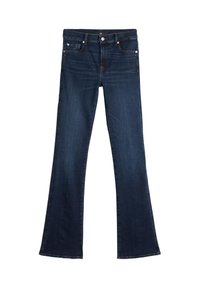Donkerblauwe flare jeans van denim, met een taillehoogte halverwege, vijf zakken en zichtbare stiksels langs de naden.