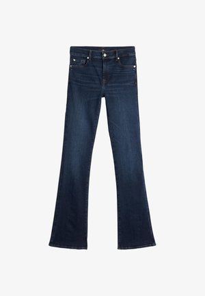 Granatowe dzwony z denimu, z średnim stanem, pięcioma kieszeniami i widocznym przeszyciem wzdłuż szwów.