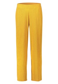 Pantalons jaunes à jambes larges avec une finition texturée et une taille élastique, présentant une coupe droite et sans poches visibles ni embellissements.