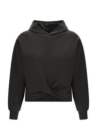Svart cropped hoodie med en vriden framsida, långa ärmar och en diskret V-ringning. Slät tyg med en mjuk textur.