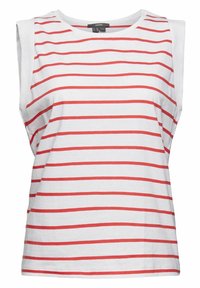 Top sin mangas blanco con rayas horizontales rojas. Material de algodón suave con cuello redondo y corte relajado. Sin herrajes ni adornos visibles.
