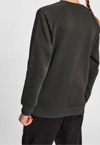 Maglione a girocollo verde scuro con maniche raglan, morbido al tatto e con polsini a coste. Cuciture dettagliate lungo l'orlo e i bordi delle maniche.