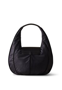 Black leather bag with a hobo shape, featuring a curved handle and a flap closure. Textured finish and contrasting smooth accents.