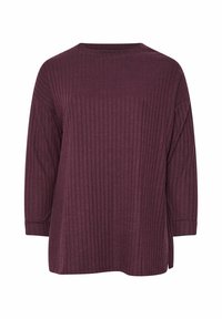 Körsbärsröd ribbad långärmad topp med rund halslinning och sidofickor. Mjuk tyg med strukturerad yta och avslappnad passform.