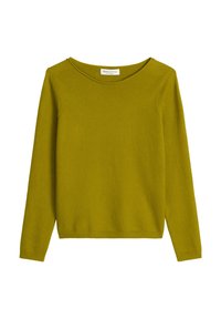 Pull vert olive à manches longues avec un col rond et une texture douce. Conception simple sans motifs ni embellissements visibles.