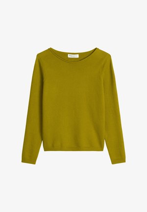 Pull vert olive à manches longues avec un col rond et une texture douce. Conception simple sans motifs ni embellissements visibles.