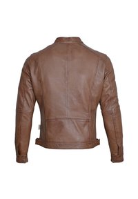 Brun läderjacka med en figurnära design, som har en slät yta, axelsömmar och tryckknappar på ärmarna och i midjan.