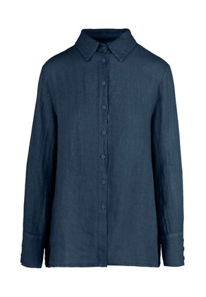 Camicia button-up in lino blu navy con colletto classico, maniche lunghe e chiusura frontale con bottoni abbinati lungo la patta.