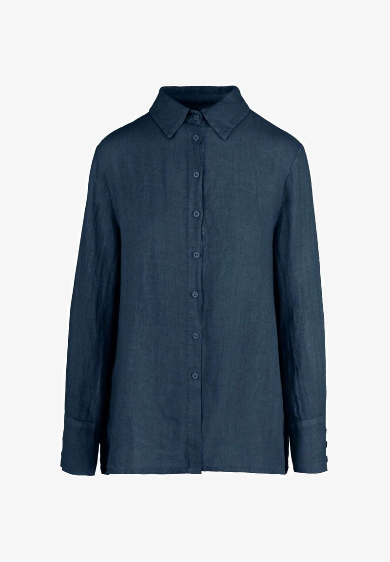 Camicia button-up in lino blu navy con colletto classico, maniche lunghe e chiusura frontale con bottoni abbinati lungo la patta.