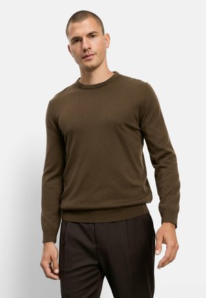 Uomo con capelli corti che indossa un maglione marrone a maniche lunghe e pantaloni scuri, in piedi davanti a uno sfondo grigio chiaro.