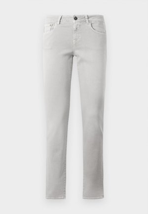Lyse grå denimjeans med rett ben-design, standard liv, en frontlomme med skjult knapp og minimale sydetaljer.