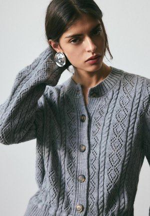 Femeie purtând un cardigan gri cu nasturi, tricotat cu model în relief, și cercei mari și rotunzi din argint, cu mâna atingându-și părul pe un fundal simplu.