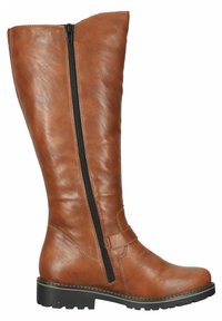 Botte en cuir marron montant jusqu'au genou avec une fermeture éclair sur le côté, surface texturée, semelle robuste et un accent de boucle en fausse cuir près de la cheville.