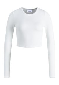 Weißes, langärmeliges, kurzes, geripptes Strickoberteil mit rundem Halsausschnitt und JJXX-Label im Kragen.