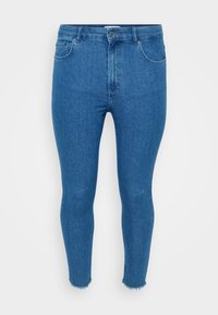 Blue high-waist skinny jeans with front button, pockets, belt loops, and frayed hems on a white background.