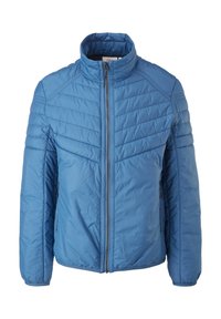 Veste légère matelassée bleue avec col montant, fermeture éclair intégrale devant et poches latérales zippées, présentée sur fond blanc.