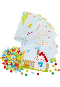 Wooden shape-matching game with colorful circular pieces in red, blue, yellow, green, and natural wood. Features illustrated cards with designs.