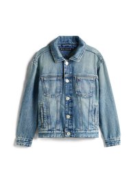 Jachetă din denim de culoare albastru deschis, cu un design clasic, având un închidere cu nasturi în față, două buzunare pe piept și guler. Textură moale.