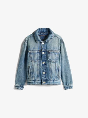 Light blue denim jacket with a classic design, featuring a button-up front, two chest pockets, and a collared neck. Soft texture.
