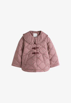 Giacca quadrettata rosa e bianca per bambino piccolo con ampio colletto arricciato e tre chiusure con bottoni a slitta sul davanti.